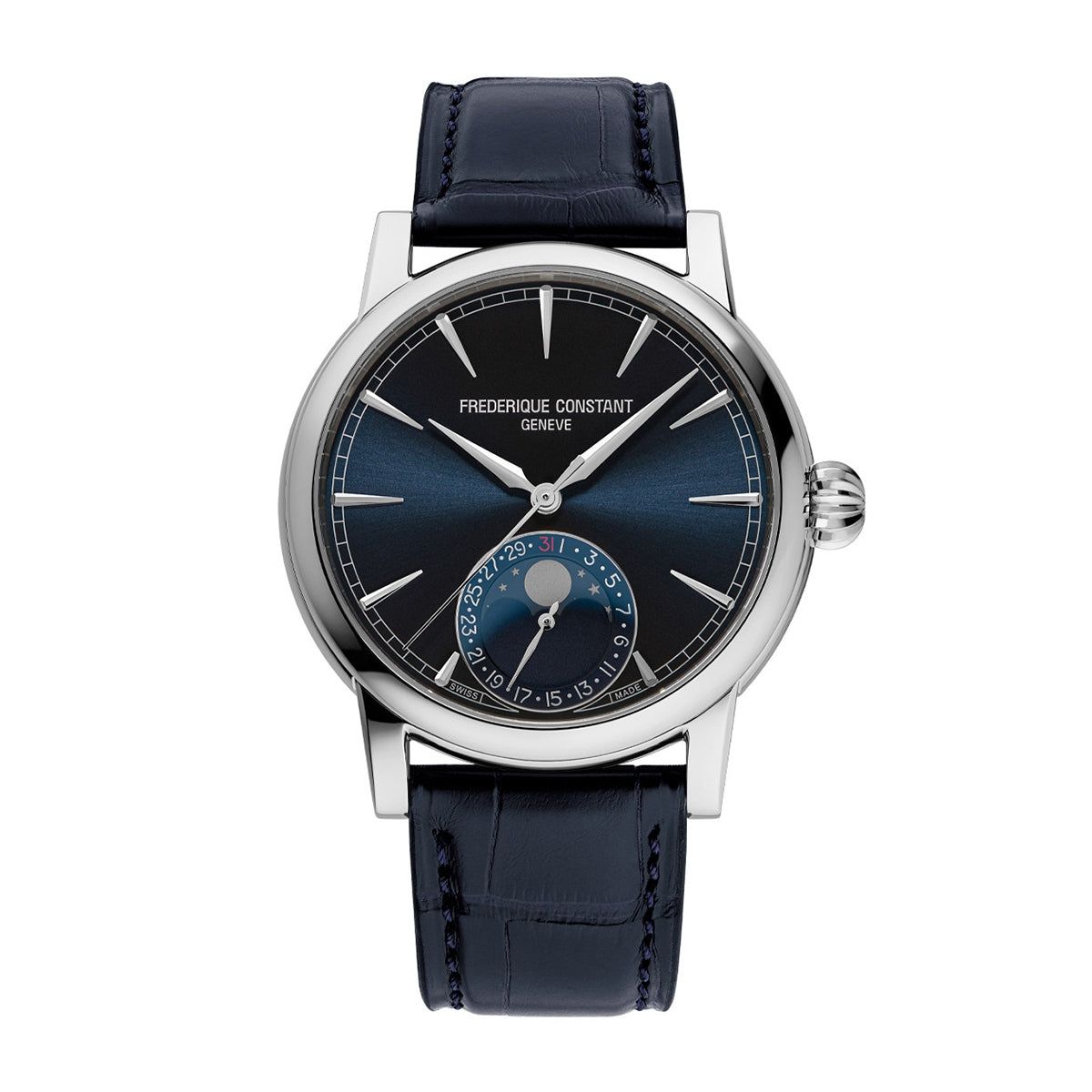 Frederique Constant Men's Moonphase Date Manufacture Stainless Steel Watch with Blue Dial & Leather Strap