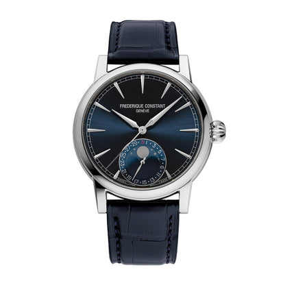 Frederique Constant Men's Moonphase Date Manufacture Stainless Steel Watch with Blue Dial & Leather Strap