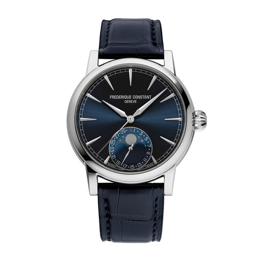 Frederique Constant Men's Moonphase Date Manufacture Stainless Steel Watch with Blue Dial & Leather Strap