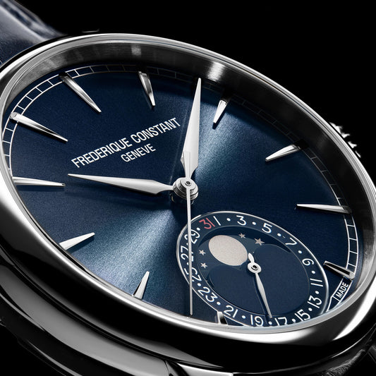 Frederique Constant Men's Moonphase Date Manufacture Stainless Steel Watch with Blue Dial & Leather Strap close-up detail