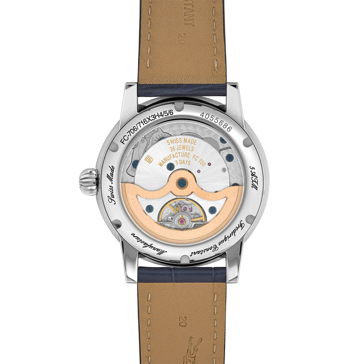 Frederique Constant Men's Moonphase Date Manufacture Stainless Steel Watch with Silver Dial & Blue Leather Strap front view