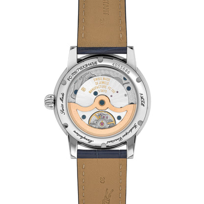 Frederique Constant Men's Moonphase Date Manufacture Stainless Steel Watch with Silver Dial & Blue Leather Strap front view