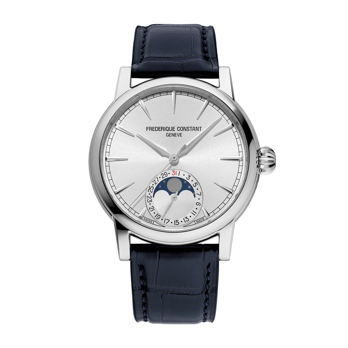 Frederique Constant Men's Moonphase Date Manufacture Stainless Steel Watch with Silver Dial & Blue Leather Strap