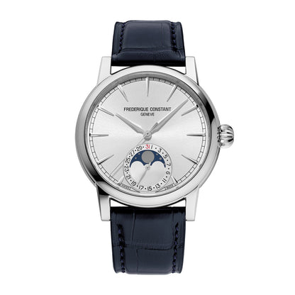 Frederique Constant Men's Moonphase Date Manufacture Stainless Steel Watch with Silver Dial & Blue Leather Strap