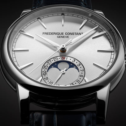 Frederique Constant Men's Moonphase Date Manufacture Stainless Steel Watch with Silver Dial & Blue Leather close-up detail