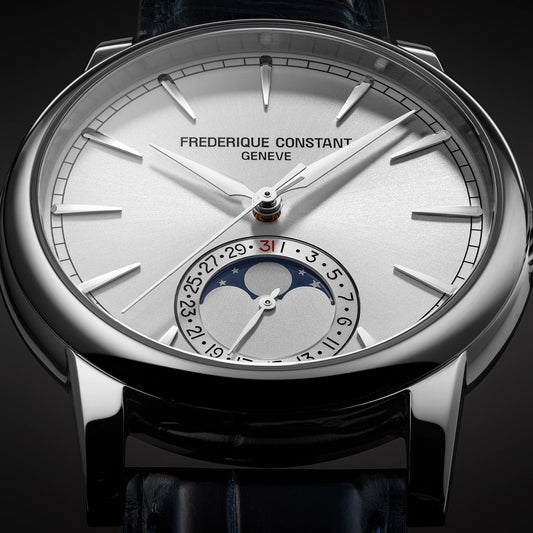 Frederique Constant Men's Moonphase Date Manufacture Stainless Steel Watch with Silver Dial & Blue Leather close-up detail