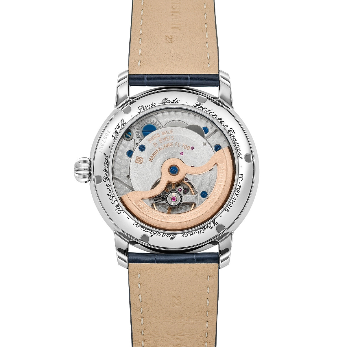 Frederique Constant Men's Worldtimer Manufacture Stainless Steel Watch with Blue Dial & Leather Strap front view