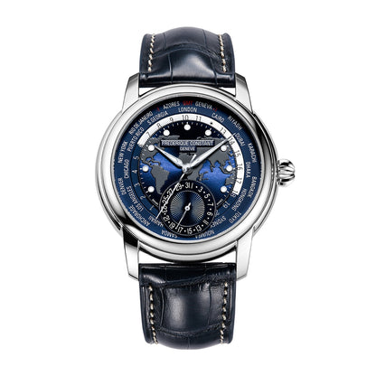 Frederique Constant Men's Worldtimer Manufacture Stainless Steel Watch with Blue Dial & Leather Strap