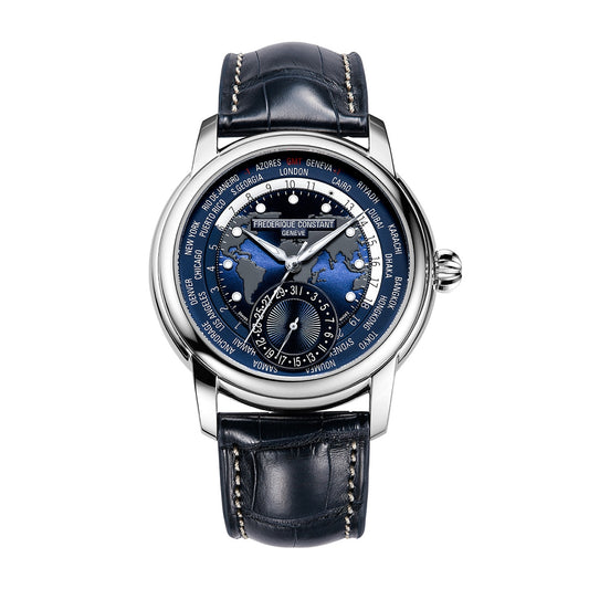 Frederique Constant Men's Worldtimer Manufacture Stainless Steel Watch with Blue Dial & Leather Strap