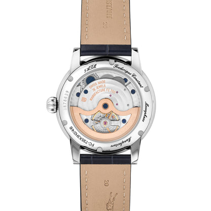 Frederique Constant Men's Power Reserve Manufacture Stainless Steel Watch with Blue Dial & Leather Strap front view