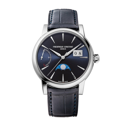 Frederique Constant Men's Power Reserve Manufacture Stainless Steel Watch with Blue Dial & Leather Strap
