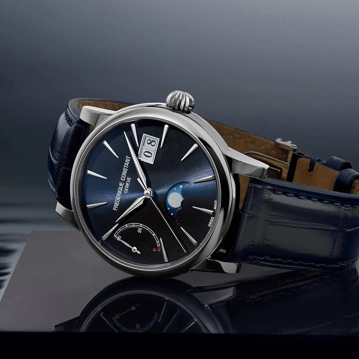 Frederique Constant Men's Power Reserve Manufacture Stainless Steel Watch with Blue Dial & Leather Strap close-up detail