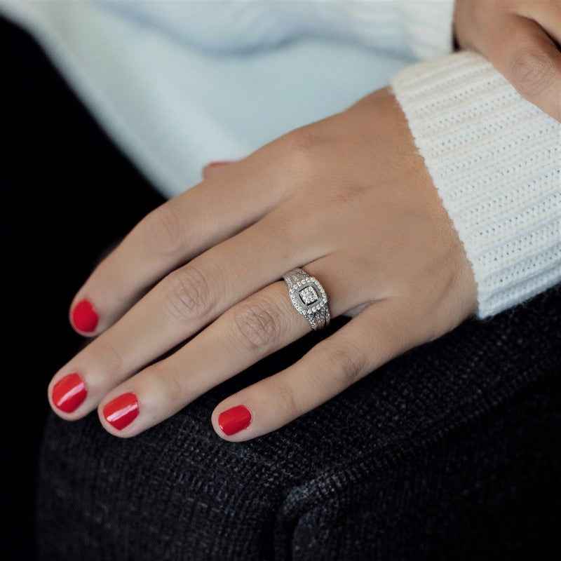 True Promise 1/2 ct. tw. Diamond Milgrain Halo Wedding Set in 10K White Gold side profile