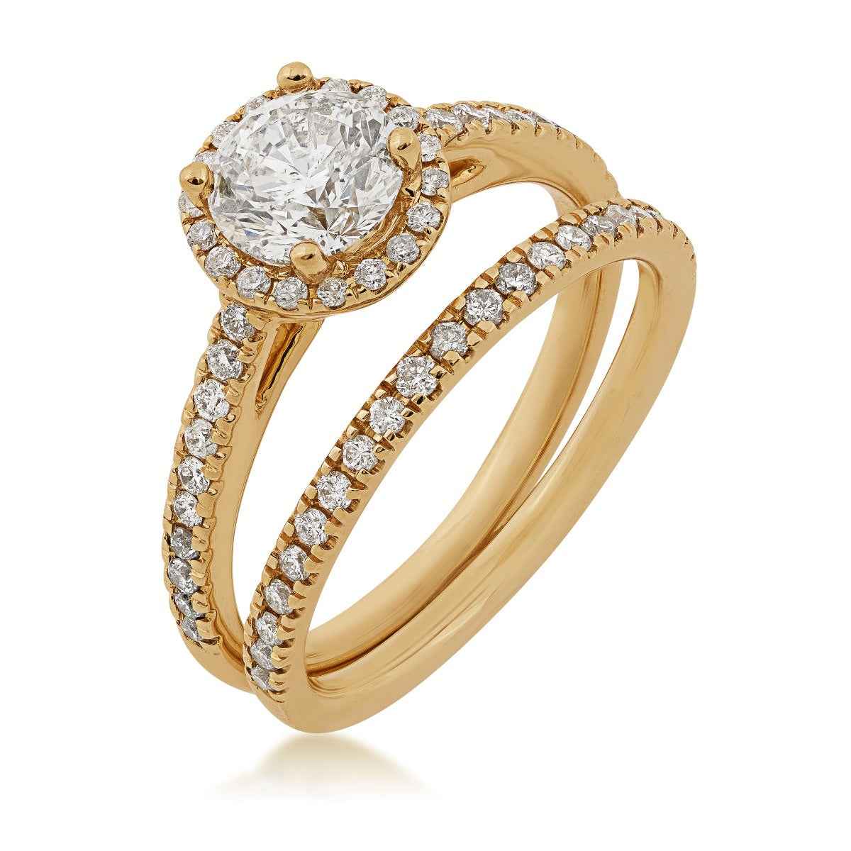 Noventa 1-1/2 ct. tw. Round Brilliant Diamond Halo Wedding Set in 14K Yellow Gold front view
