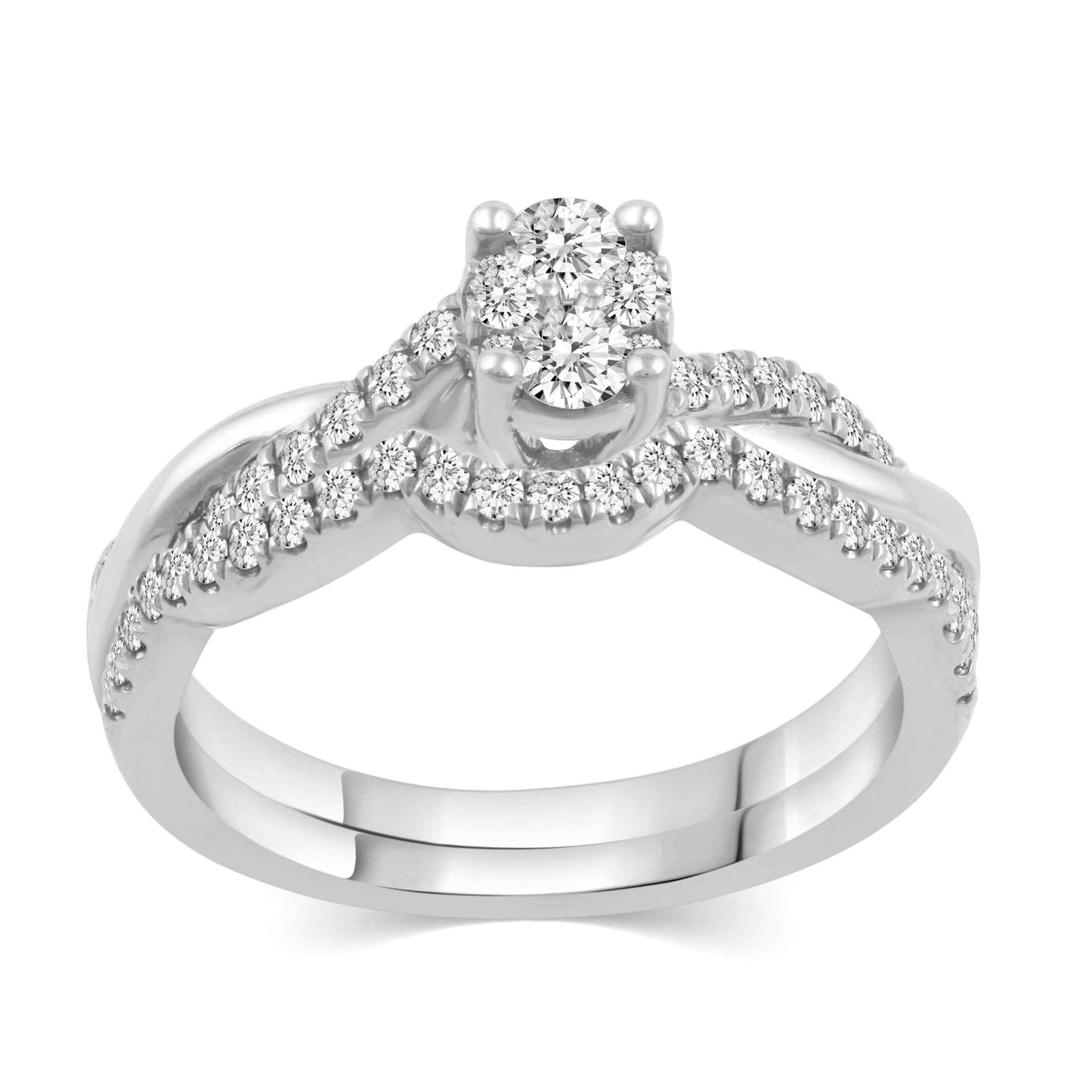 Fairytale Diamonds 1/2 ct. tw. Oval Composite Wedding Set with Twisted Gold and Diamond Band Design in 10K White Gold