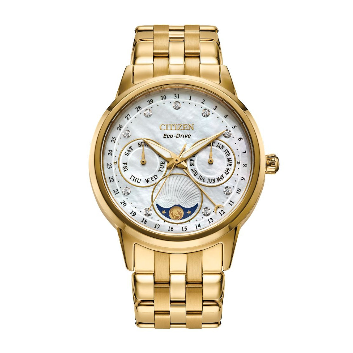 Citizen Ladies' Calendrier Gold-Tone Stainless Steel Watch with Mother of Pearl Moon Dial