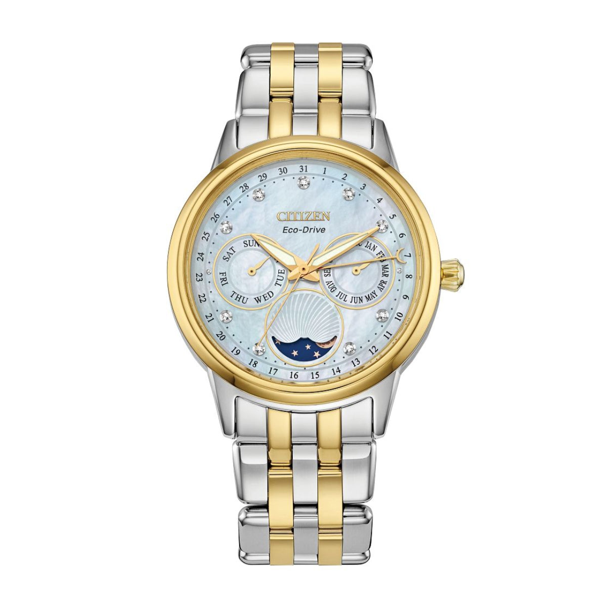Citizen Ladies' Calendrier Two-Tone Stainless Steel Watch with Mother of Pearl Moon Dial