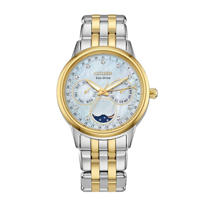 Citizen Ladies' Calendrier Two-Tone Stainless Steel Watch with Mother of Pearl Moon Dial