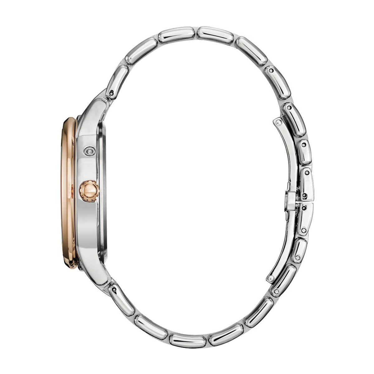 Citizen Ladies' Calendrier Two-Tone White & Pink Stainless Steel Watch with Mother of Pearl Moon Dial front view
