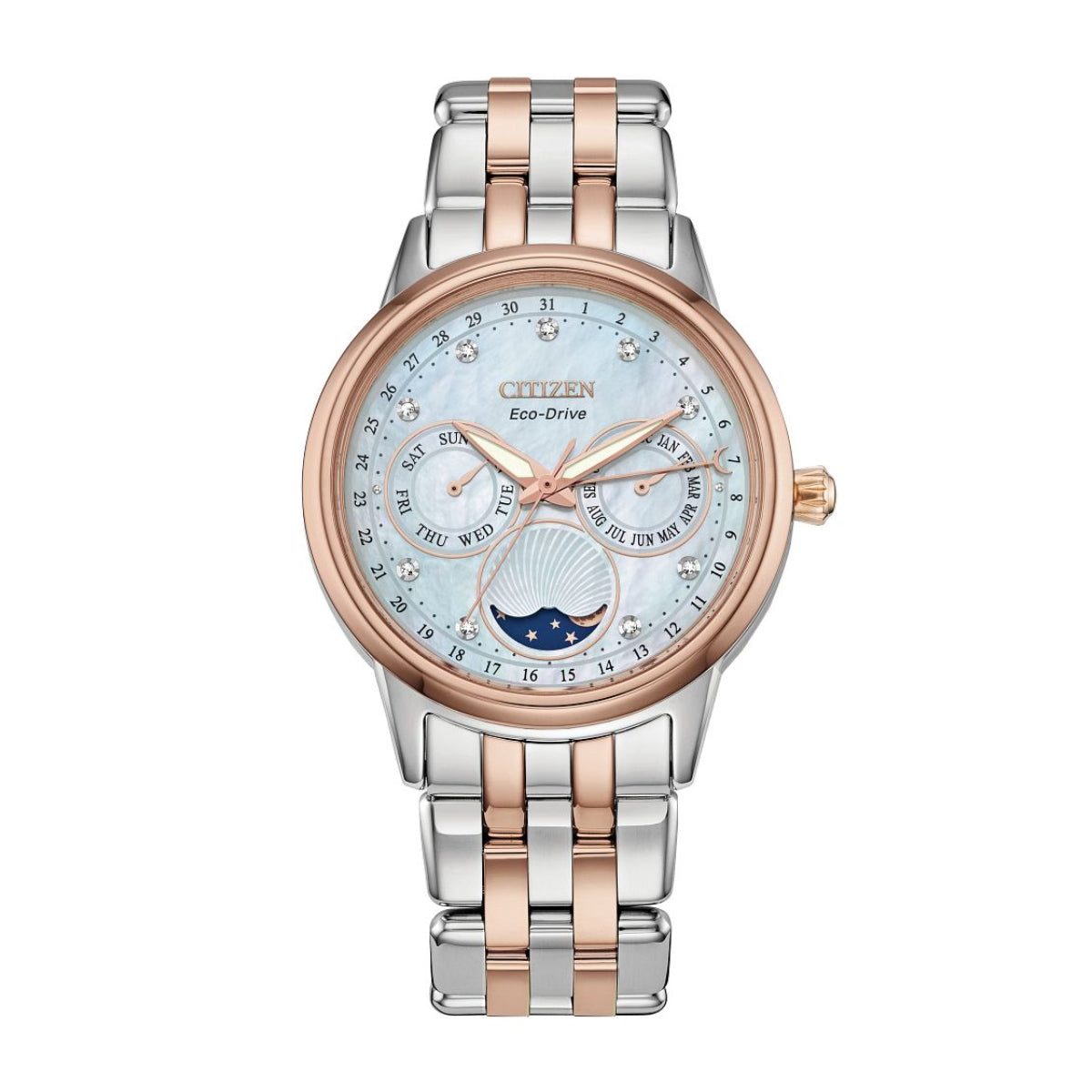 Citizen Ladies' Calendrier Two-Tone White & Pink Stainless Steel Watch with Mother of Pearl Moon Dial