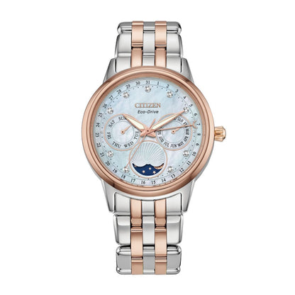 Citizen Ladies' Calendrier Two-Tone White & Pink Stainless Steel Watch with Mother of Pearl Moon Dial