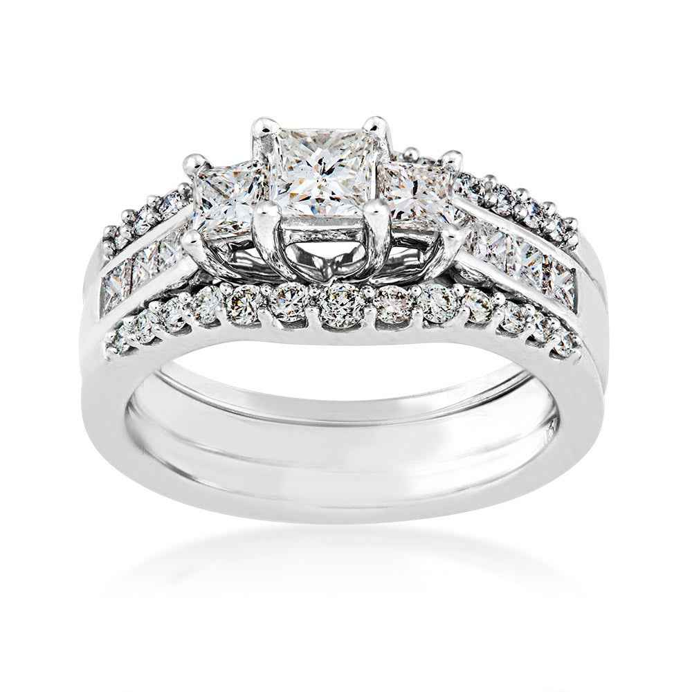 Natural 1-1/2 ct. tw. 3-Stone Princess Cut Diamond Wedding Set in 14K White Gold