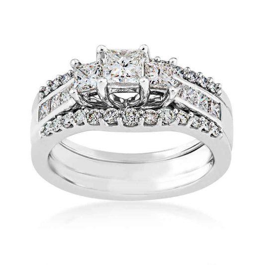 Natural 1-1/2 ct. tw. 3-Stone Princess Cut Diamond Wedding Set in 14K White Gold