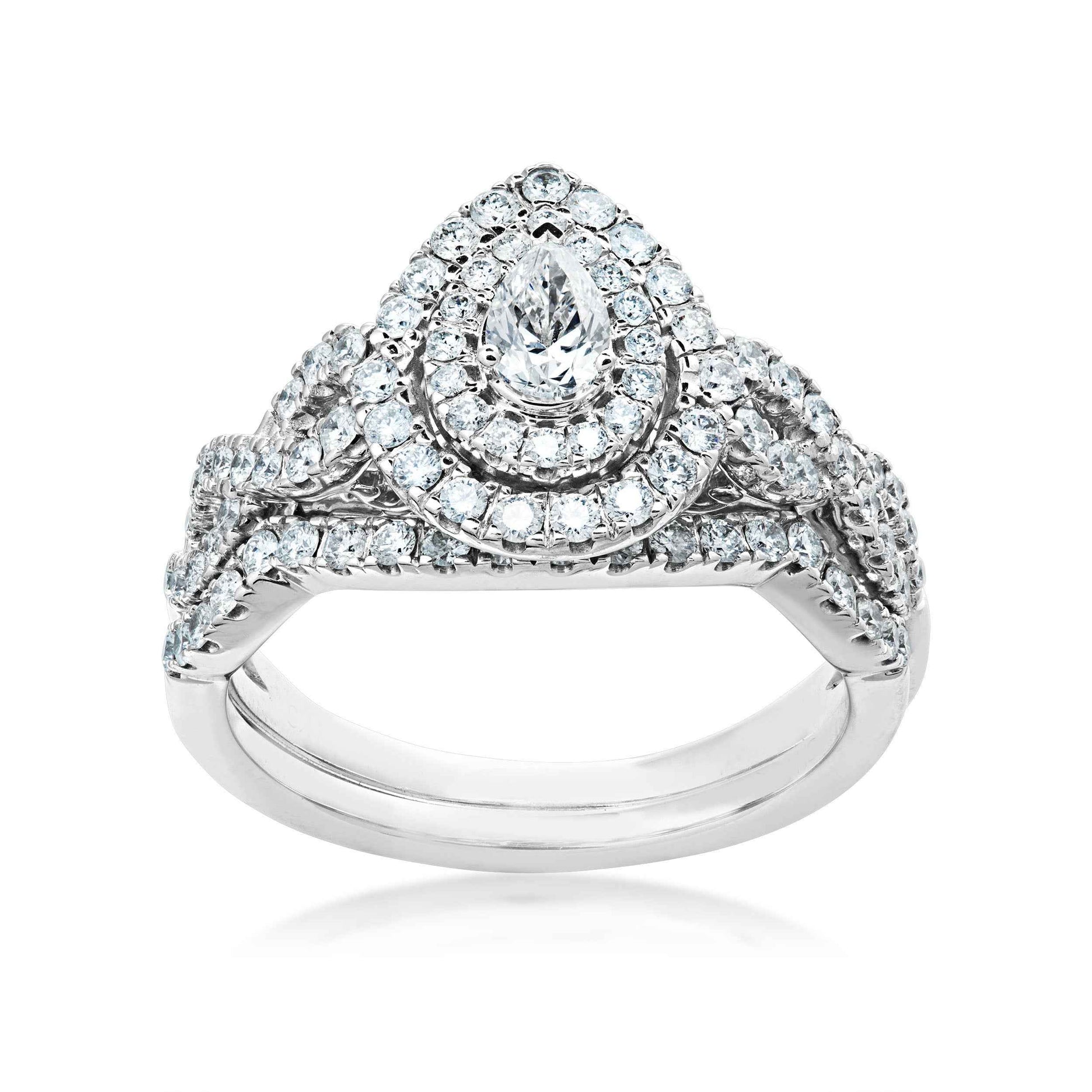 Natural 1 ct. tw. Pear Diamond Double Halo Twist Wedding Set in 10K White Gold
