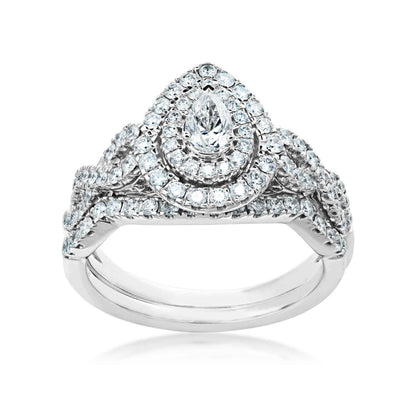 Natural 1 ct. tw. Pear Diamond Double Halo Twist Wedding Set in 10K White Gold