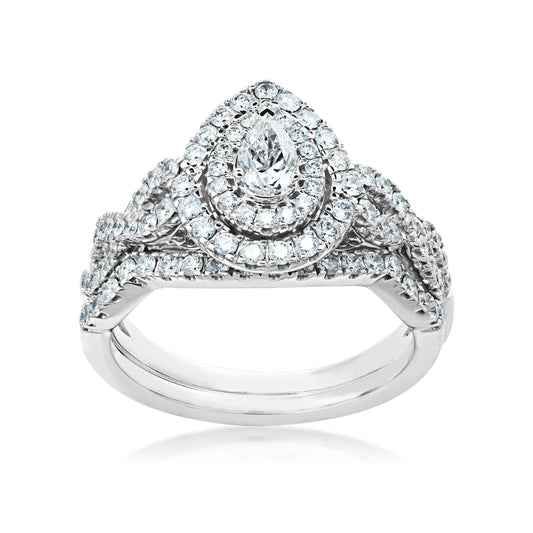 Natural 1 ct. tw. Pear Diamond Double Halo Twist Wedding Set in 10K White Gold