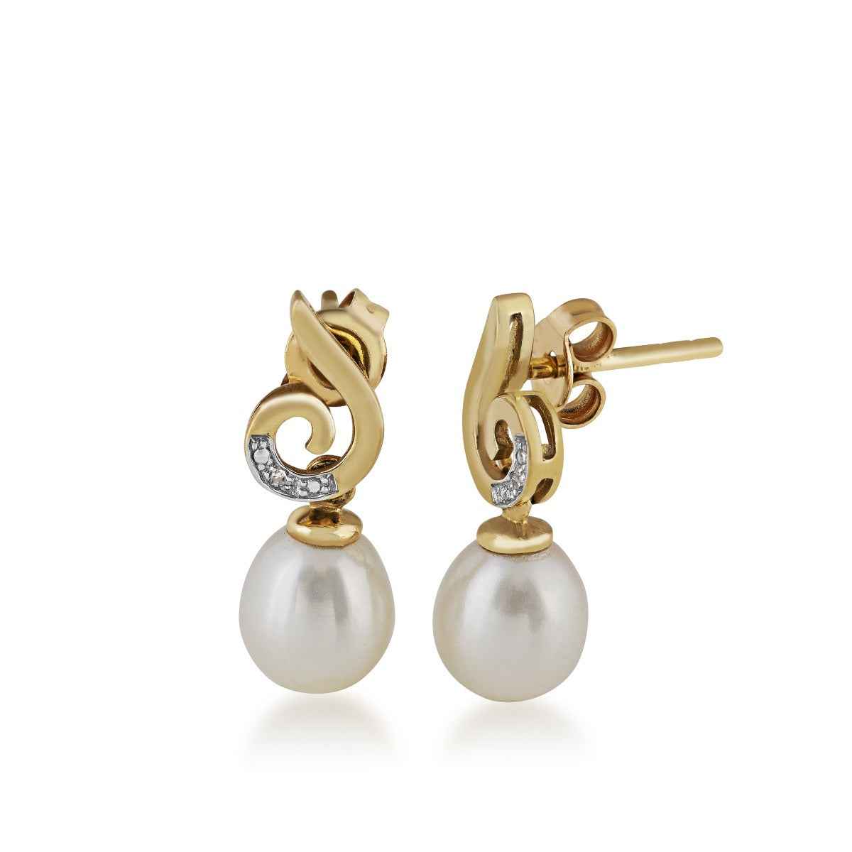 Freshwater Pearl and Diamond Drop Earrings in 10K Yellow Gold