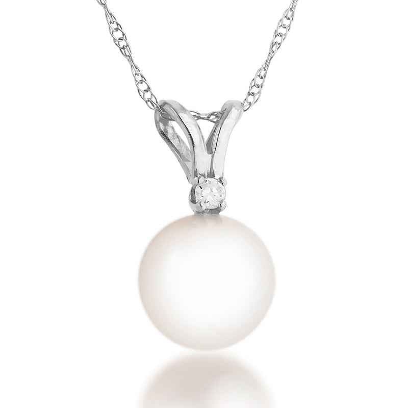 Round Freshwater Pearl & Diamond Accent Pendant in 14K White Gold