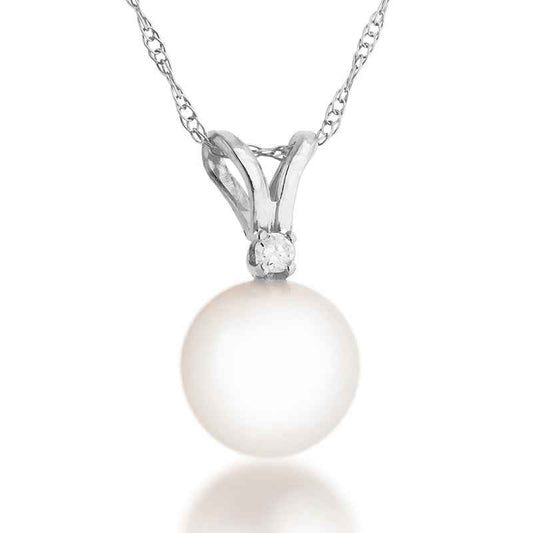 Round Freshwater Pearl & Diamond Accent Pendant in 14K White Gold