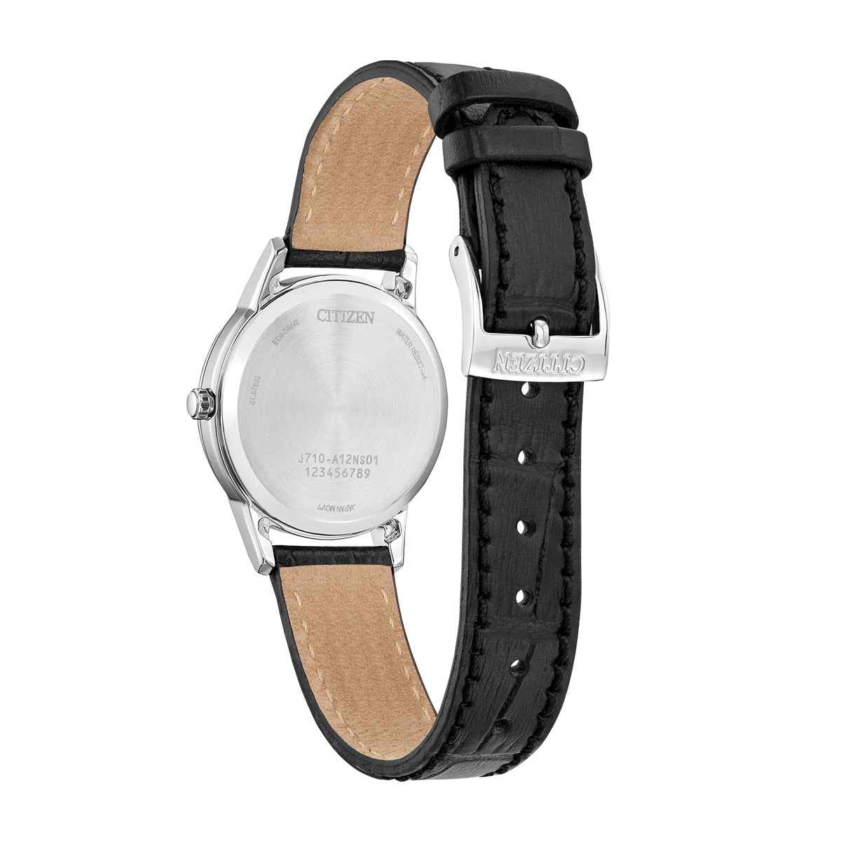 Citizen Ladies' Classic Eco-Drive Stainless Steel Watch with Blue Dial & Black Leather Strap front view