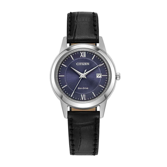 Citizen Ladies' Classic Eco-Drive Stainless Steel Watch with Blue Dial & Black Leather Strap