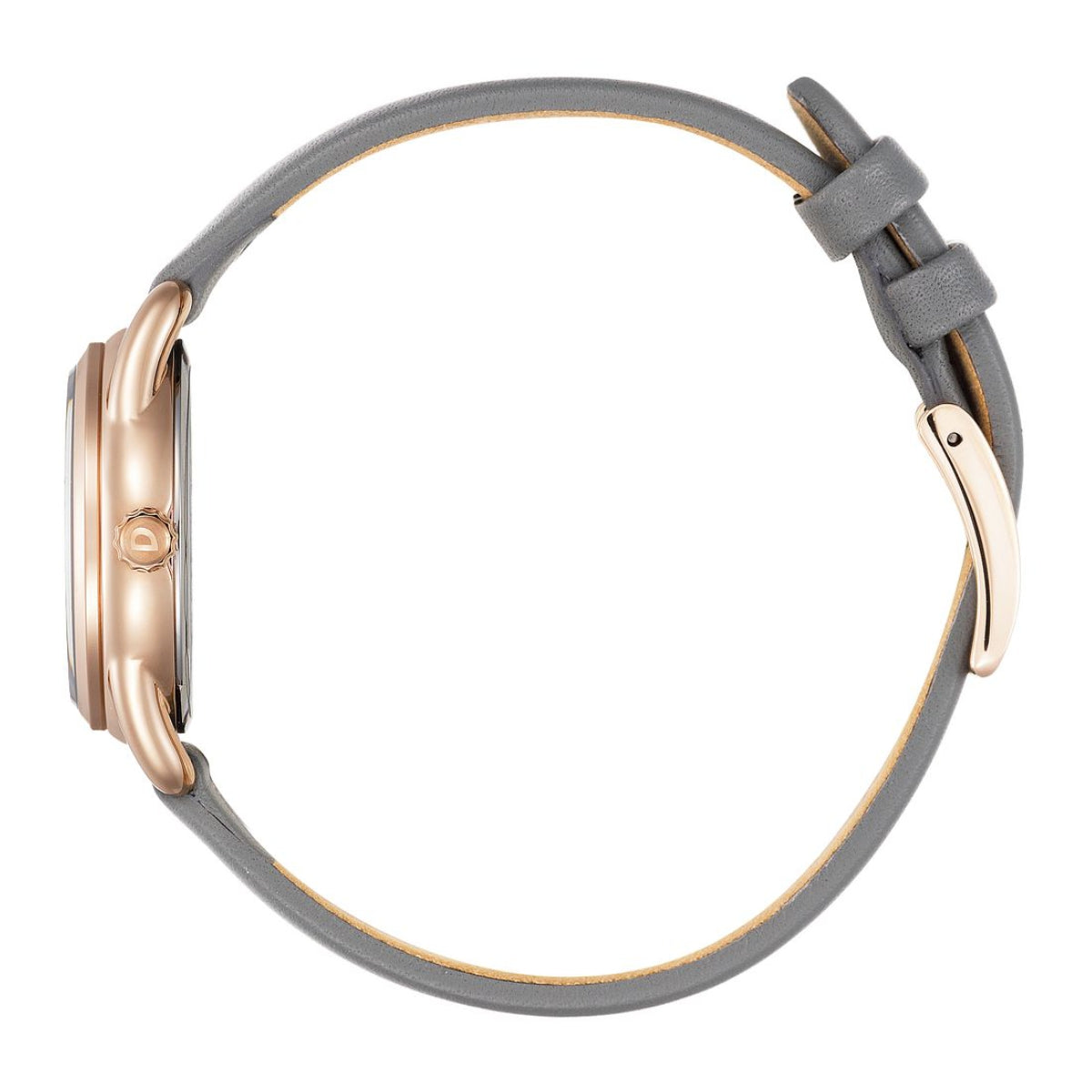 Citizen Ladies' Drive Pink Gold-Tone Stainless Steel Watch with Gray Dial & Gray Leather Strap front view