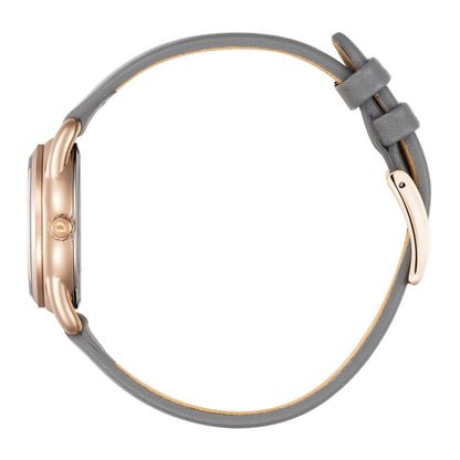 Citizen Ladies' Drive Pink Gold-Tone Stainless Steel Watch with Gray Dial & Gray Leather Strap front view