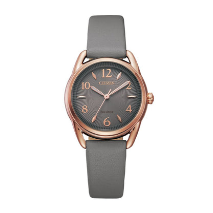 Citizen Ladies' Drive Pink Gold-Tone Stainless Steel Watch with Gray Dial & Gray Leather Strap