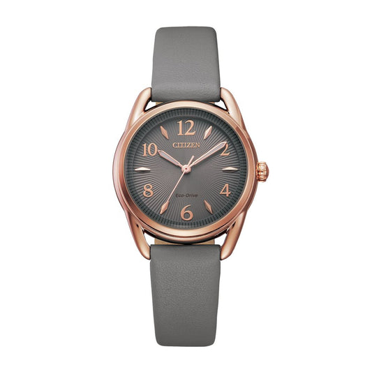 Citizen Ladies' Drive Pink Gold-Tone Stainless Steel Watch with Gray Dial & Gray Leather Strap
