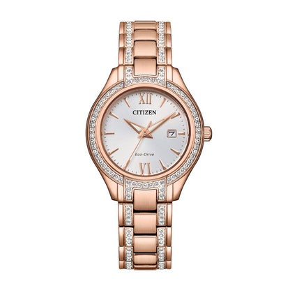 Citizen Ladies' Silhouette Crystal Pink Gold-Tone Stainless Steel Watch with Silver Dial