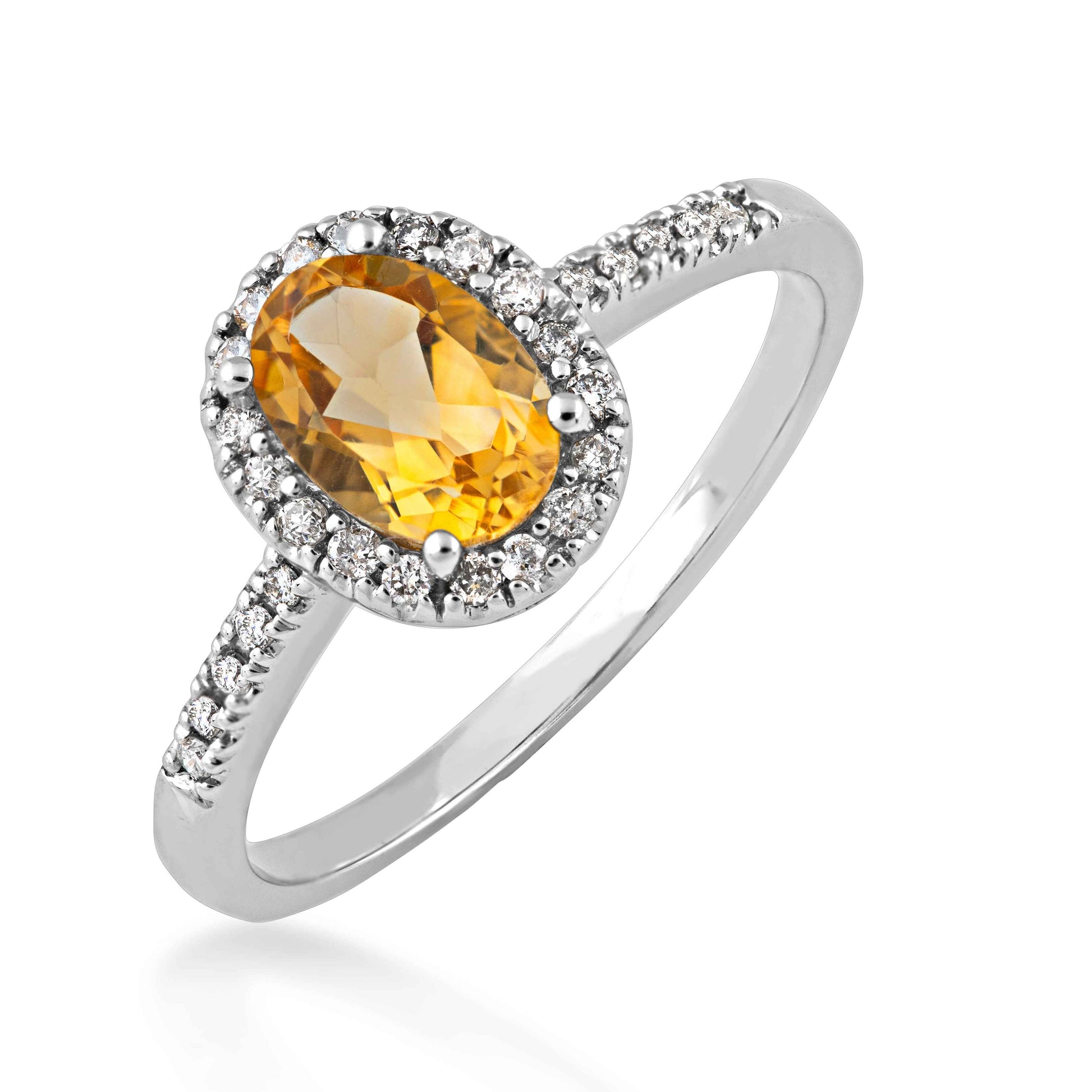 Genuine Oval Orange Citrine Fashion Ring with 1/8 ct. tw. Diamond Halo & Band in 10K White Gold front view
