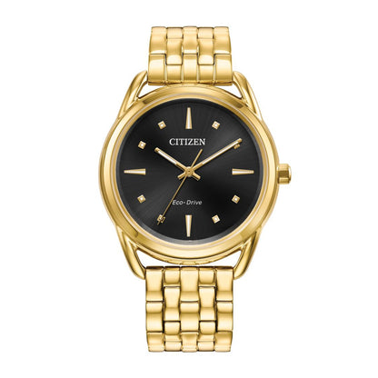 Citizen Ladies' Dress Classics Gold-Tone Stainless Steel Watch with Black Dial