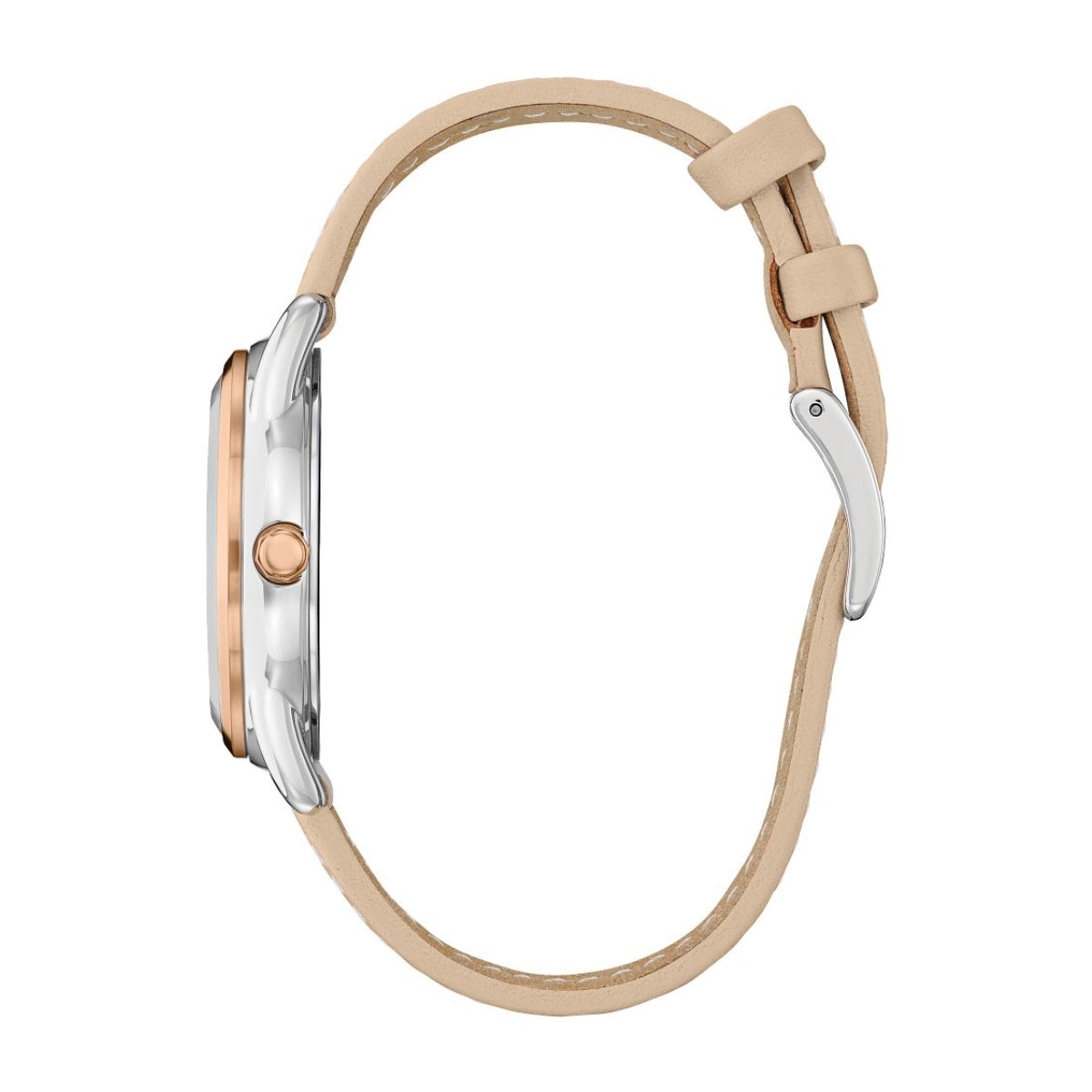 Citizen Ladies' Dress Classics Two-Tone White & Pink Stainless Steel Watch with Silver Dial & Brown Leather Strap front view