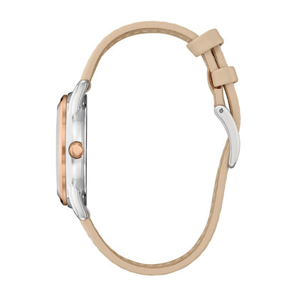 Citizen Ladies' Dress Classics Two-Tone White & Pink Stainless Steel Watch with Silver Dial & Brown Leather Strap front view