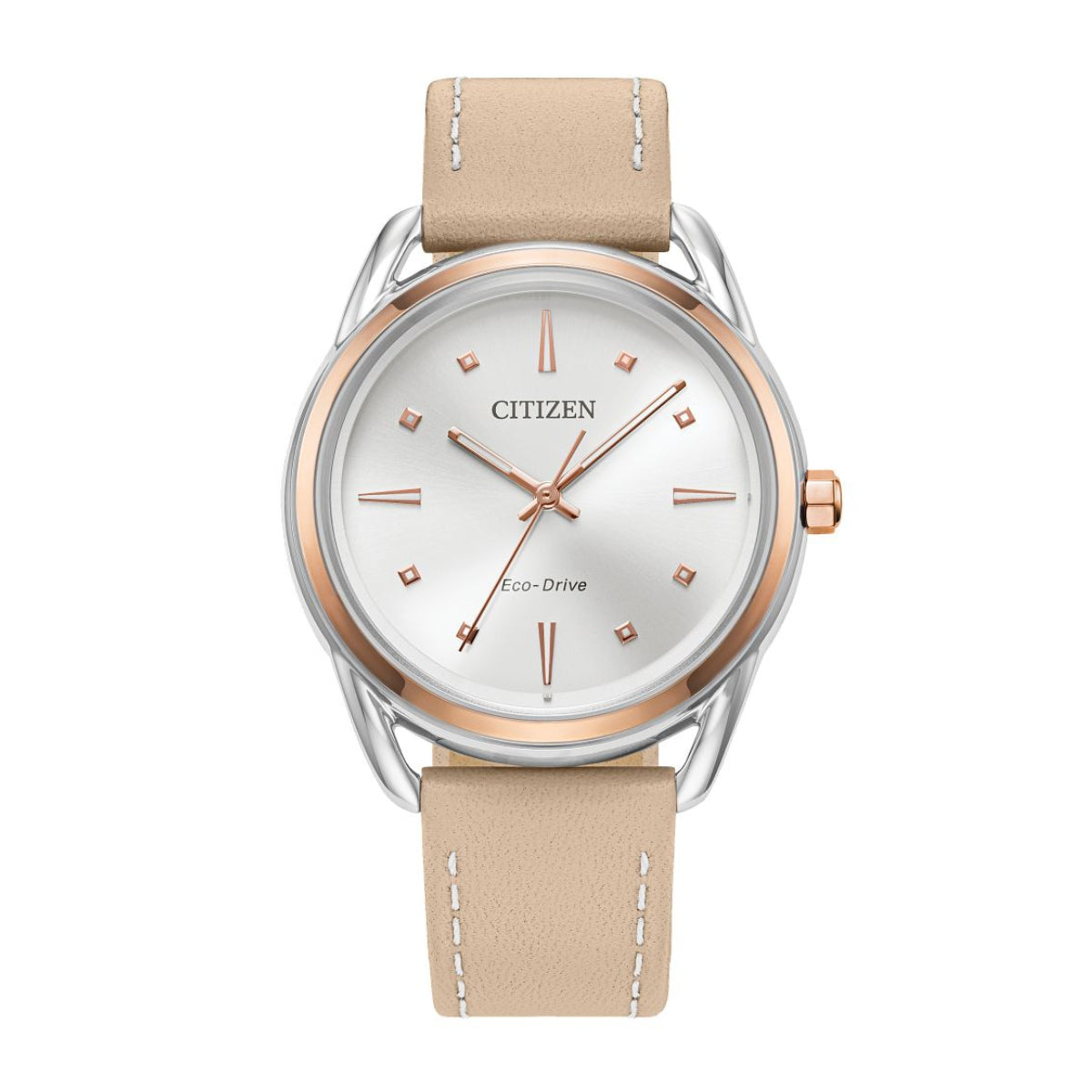 Citizen Ladies' Dress Classics Two-Tone White & Pink Stainless Steel Watch with Silver Dial & Brown Leather Strap
