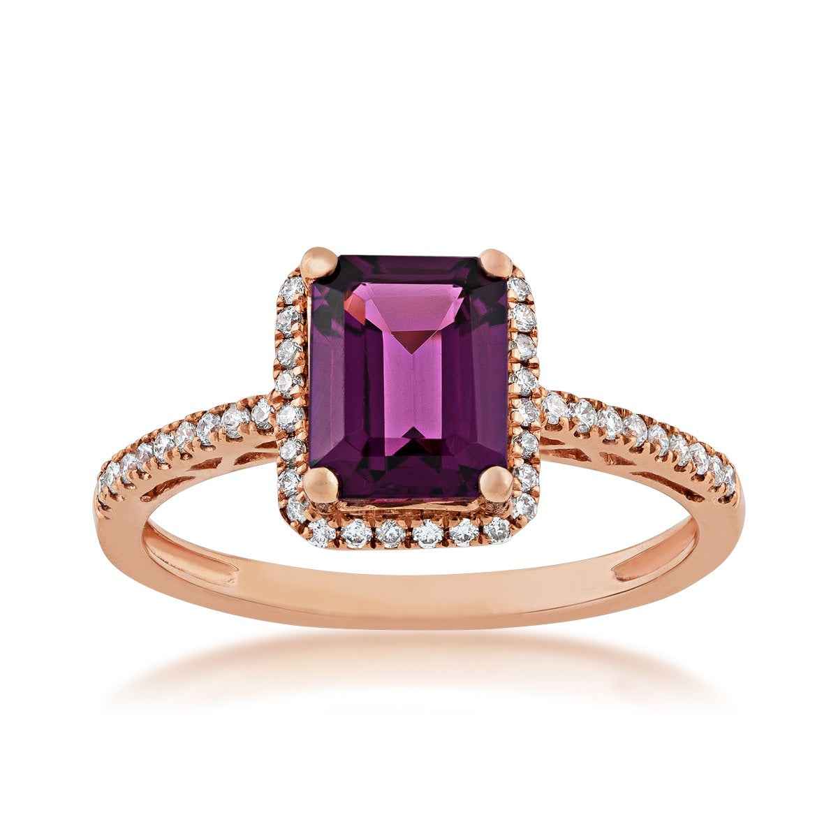 Emerald Cut Rhodolite Garnet and 1/5 ct. tw. Diamond Halo Ring in 10K Pink Gold
