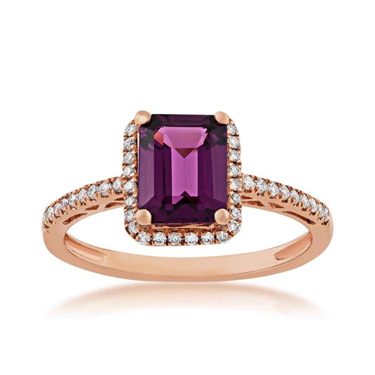 Emerald Cut Rhodolite Garnet and 1/5 ct. tw. Diamond Halo Ring in 10K Pink Gold