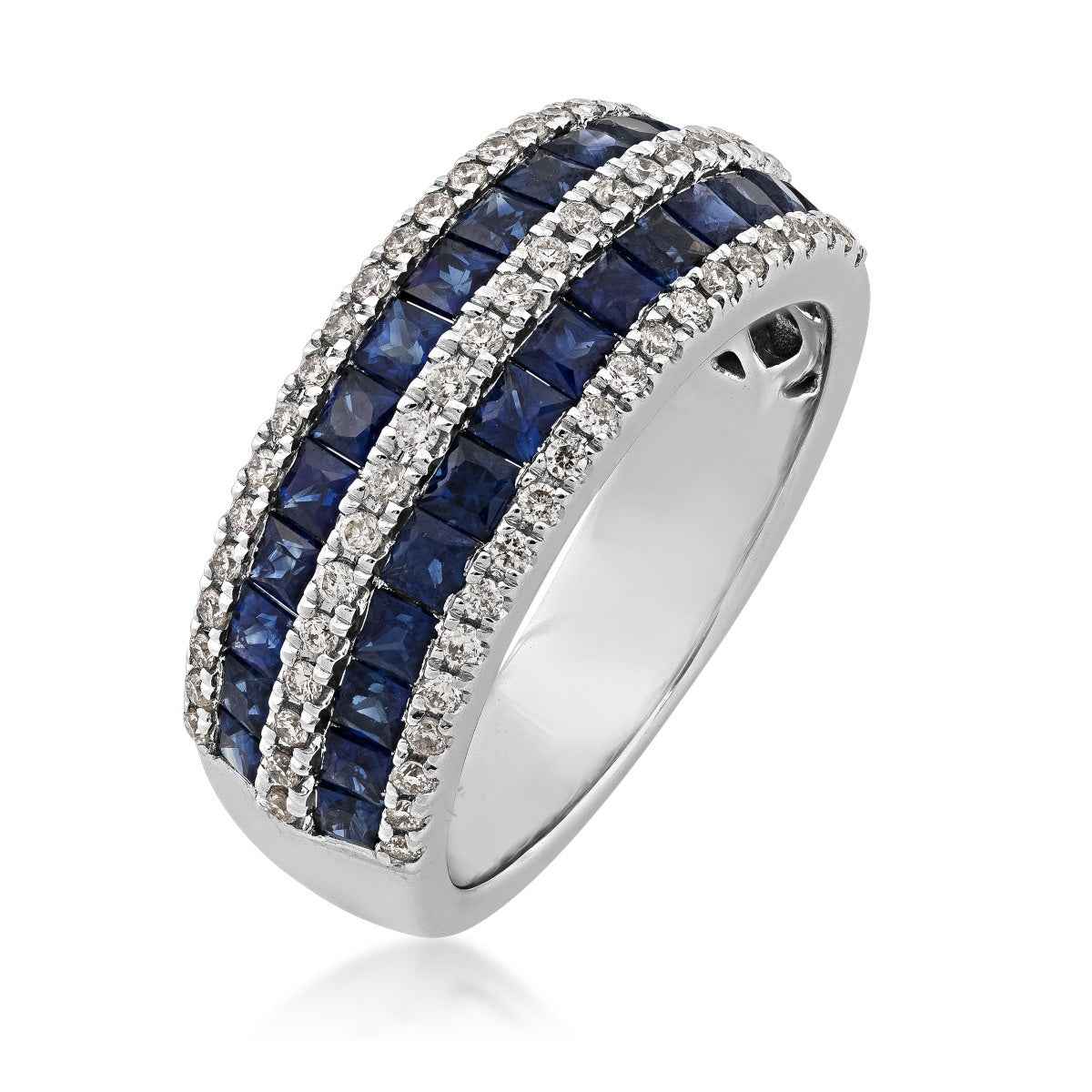 Princess Cut Sapphire and 1/3 ct. tw. Triple Row Diamond Fashion Band in 10K White Gold front view
