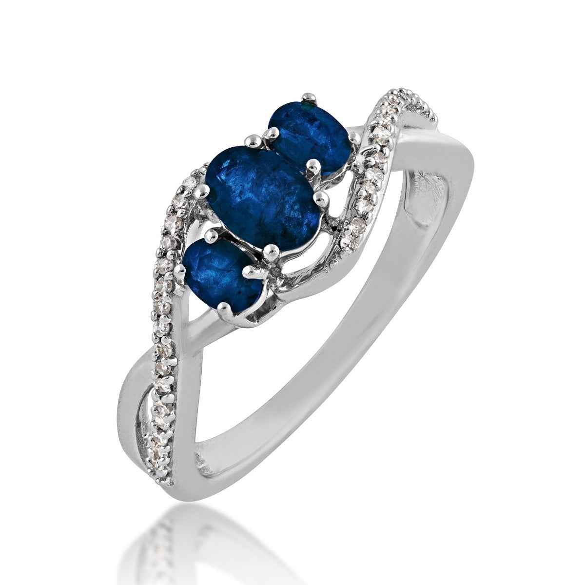 3-Stone Oval Sapphire And 1/10 ct. tw. Diamond Ring with Twist Band in Sterling Silver front view