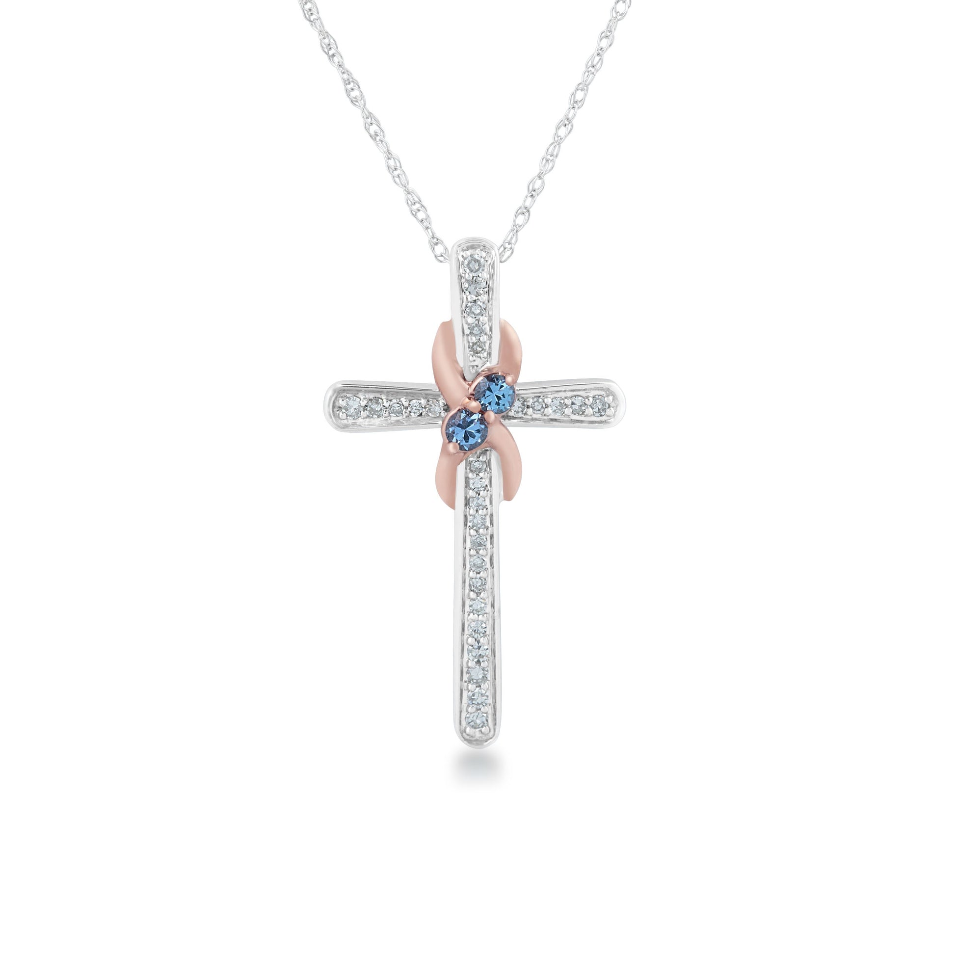 Yogo sapphires and 1/10 ct. tw. cross necklace with Center Wrap Design in 10K white and pink gold